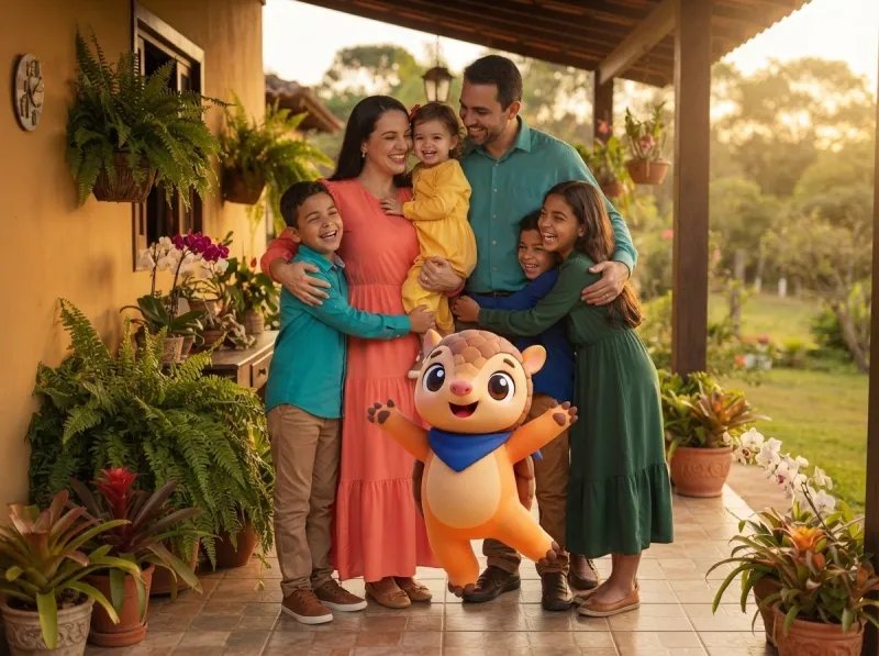 Uma família grande abraçada, com o Tito comemorando