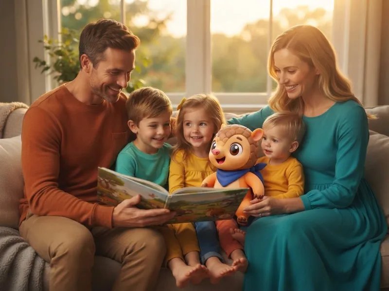 Pai lendo para os filhos com o Tito no sofá