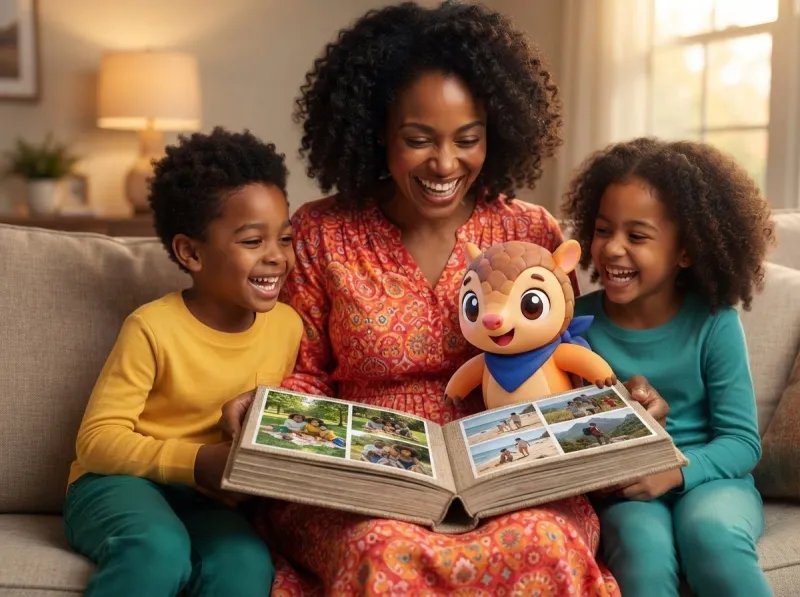 Mãe e filhos folheando o Livro do Ano, com o Tito
