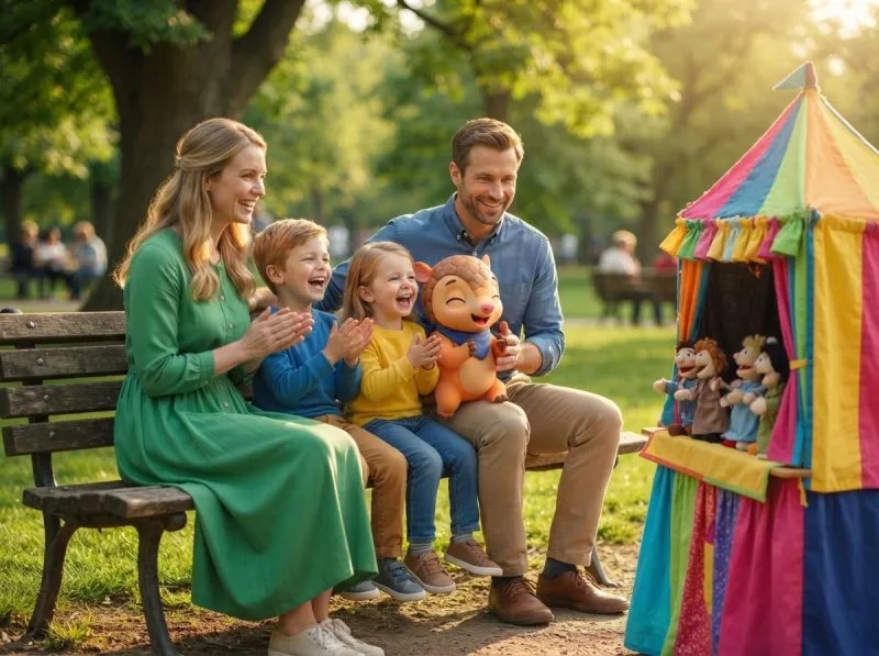 Família num teatro de fantoches no parque, com o Tito